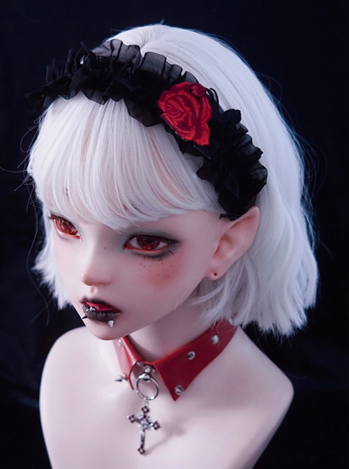 Gothic Red Rose Embroidered Applique Pleated Ruffled Black Goth Lolita Headband