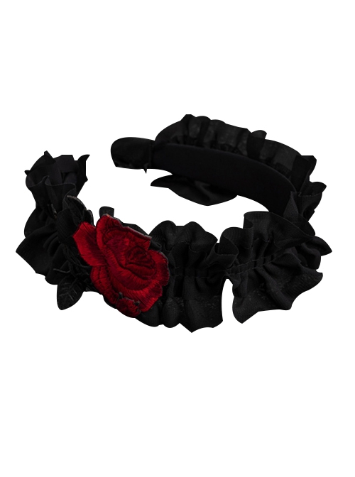 Gothic Red Rose Embroidered Applique Pleated Ruffled Black Goth Lolita Headband