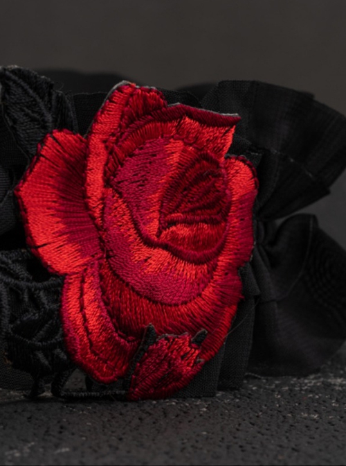 Gothic Red Rose Embroidered Applique Pleated Ruffled Black Goth Lolita Headband