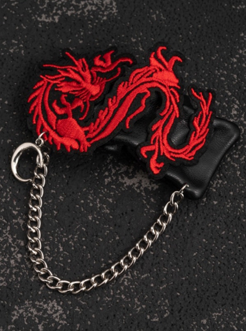 Red Chinese Dragon Embroidered Crinkled Metal Chain Moon Leather Gothic Lolita Hair Clip