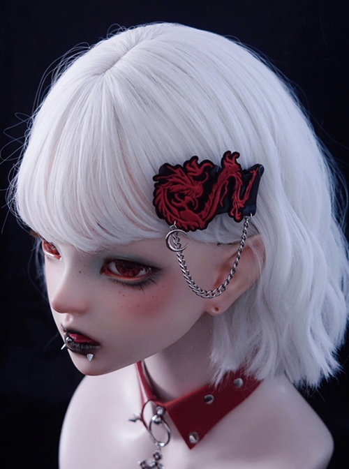 Red Chinese Dragon Embroidered Crinkled Metal Chain Moon Leather Gothic Lolita Hair Clip