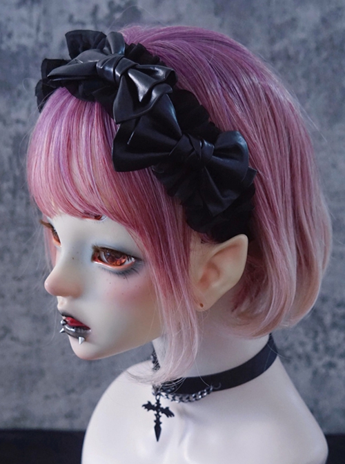 Black Gothic Patent Leather Bow Crinkled Organza Ruffled Gothic Lolita Headband