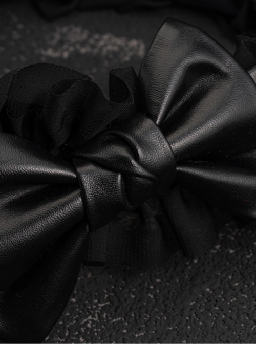 Black Gothic Patent Leather Bow Crinkled Organza Ruffled Gothic Lolita Headband