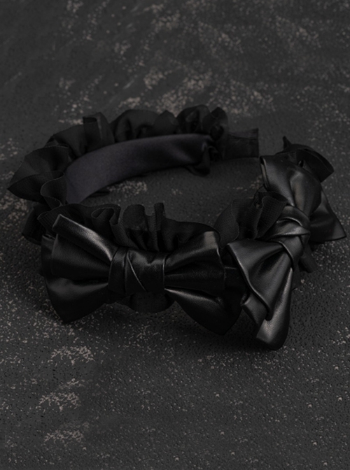 Black Gothic Patent Leather Bow Crinkled Organza Ruffled Gothic Lolita Headband