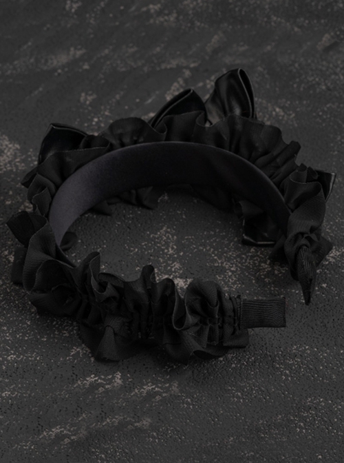 Black Gothic Patent Leather Bow Crinkled Organza Ruffled Gothic Lolita Headband