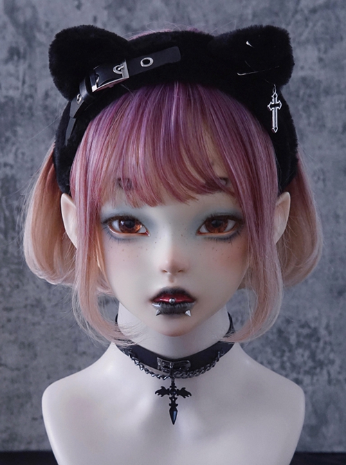 Black Plush Cat Ears Crucifix Metal Leather Decorative Gothic Lolita Headband