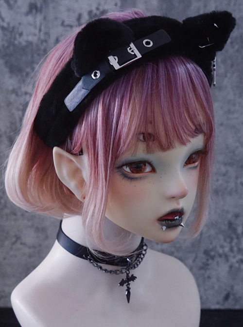 Black Plush Cat Ears Crucifix Metal Leather Decorative Gothic Lolita Headband