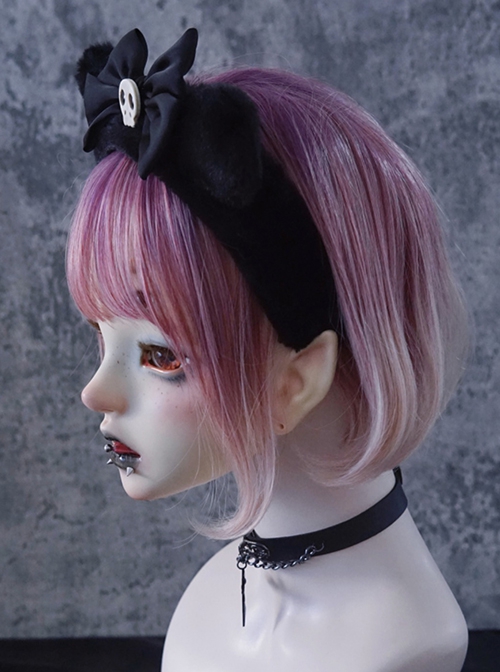 Gothic Style Black Simple Plush Cat Ears Skull Bow Gothic Lolita Headband
