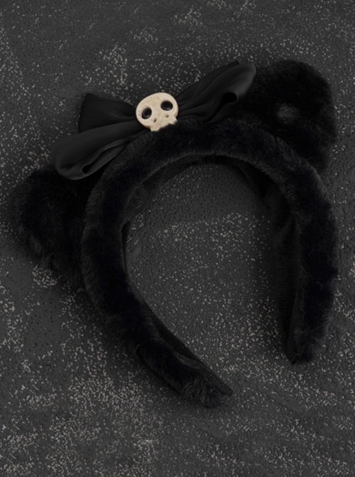 Gothic Style Black Simple Plush Cat Ears Skull Bow Gothic Lolita Headband