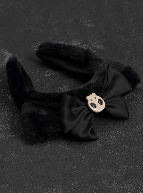 Gothic Style Black Simple Plush Cat Ears Skull Bow Gothic Lolita Headband