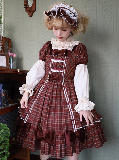 Square Neck Woven Checked Lace Bow-Knot Pearl Decoration Ruffled Sweet Lolita Short Sleeve Dress