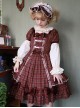 Square Neck Woven Checked Lace Bow-Knot Pearl Decoration Ruffled Sweet Lolita Short Sleeve Dress