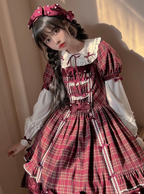 Square Neck Woven Checked Lace Bow-Knot Pearl Decoration Ruffled Sweet Lolita Short Sleeve Dress