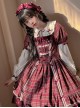 Square Neck Woven Checked Lace Bow-Knot Pearl Decoration Ruffled Sweet Lolita Short Sleeve Dress