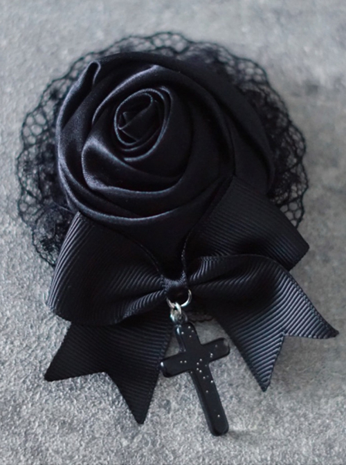 Black Satin Rose Lace Bow-Knot Crucifix Decoration Halloween Gothic Lolita Hair Clip