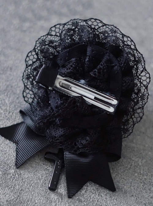 Black Satin Rose Lace Bow-Knot Crucifix Decoration Halloween Gothic Lolita Hair Clip