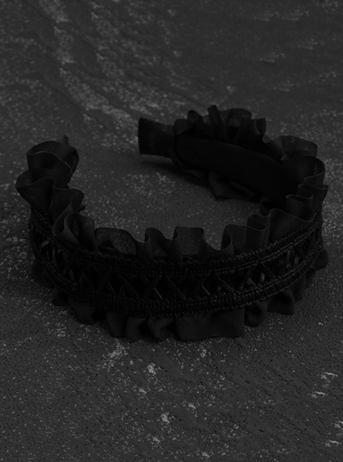 Black Simple Ruffled Leather Crossover Gothic Lolita Headband