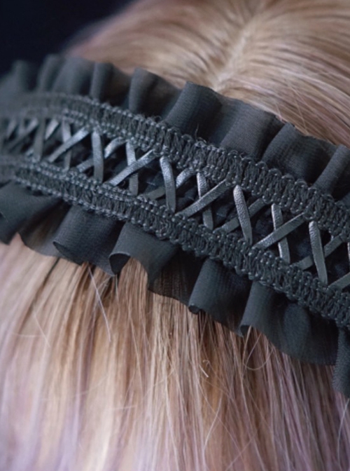 Black Simple Ruffled Leather Crossover Gothic Lolita Headband