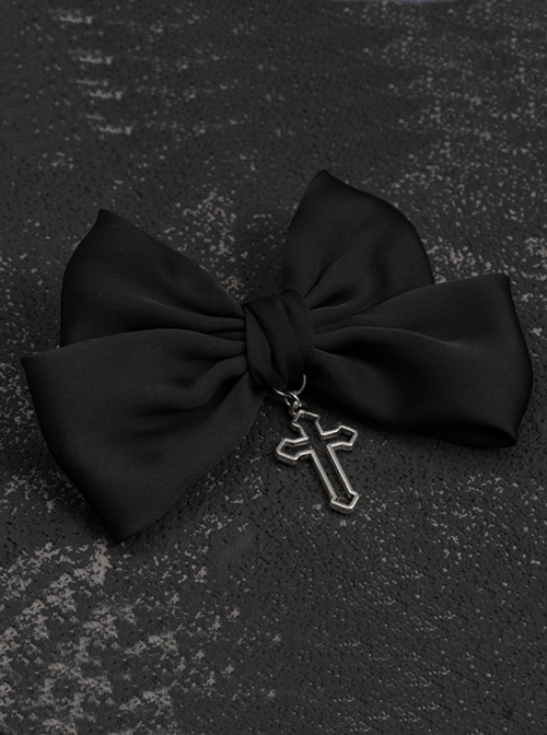 Dark Style Black Satin Bow Simple Hollow Cross Halloween Gothic Lolita Hair Clip