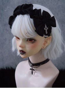 Black Simple Bilateral Satin Bow Hollow Metal Cross Decoration Ruffled Halloween Gothic Lolita Headband