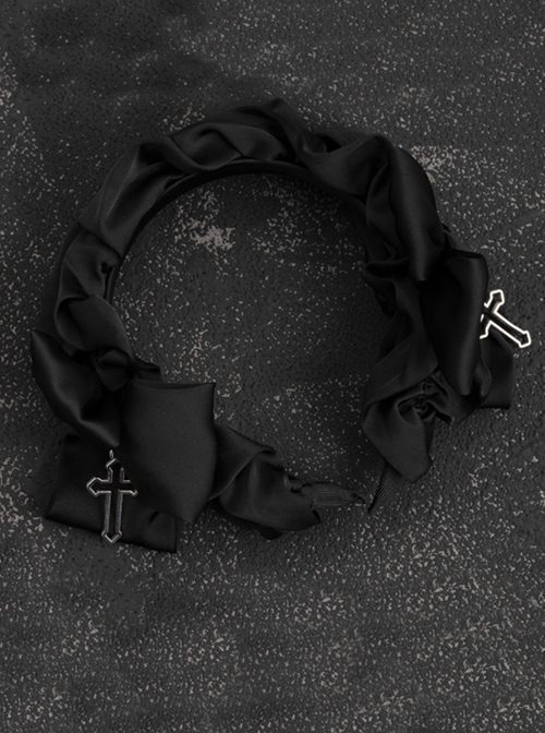 Black Simple Bilateral Satin Bow Hollow Metal Cross Decoration Ruffled Halloween Gothic Lolita Headband