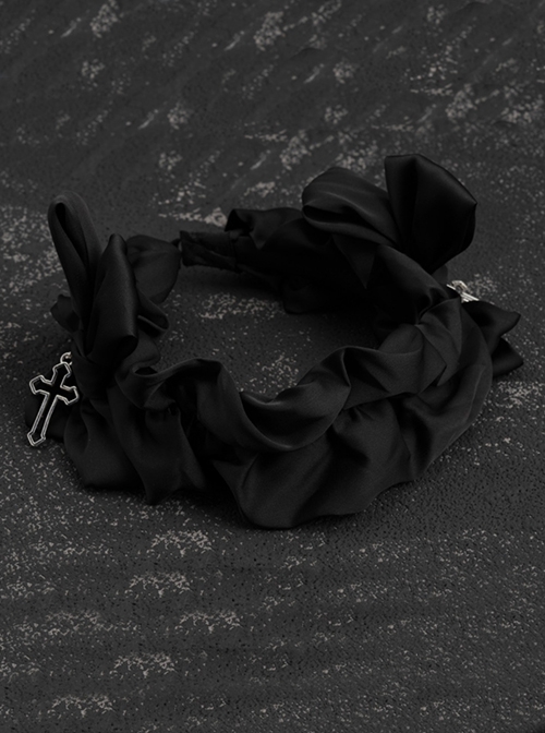 Black Simple Bilateral Satin Bow Hollow Metal Cross Decoration Ruffled Halloween Gothic Lolita Headband