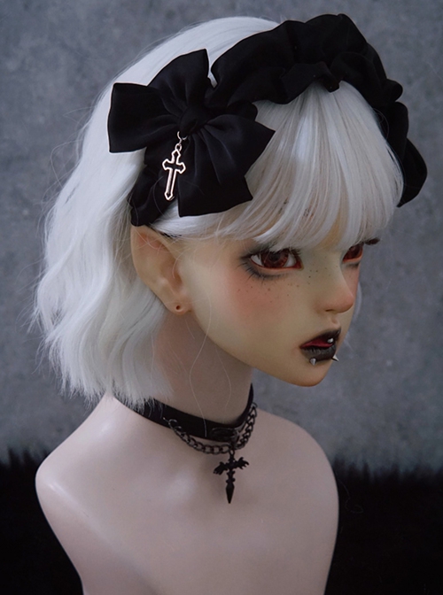 Black Simple Bilateral Satin Bow Hollow Metal Cross Decoration Ruffled Halloween Gothic Lolita Headband