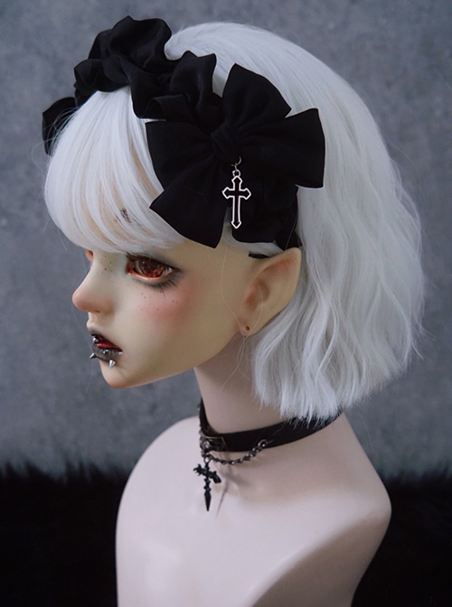 Black Simple Bilateral Satin Bow Hollow Metal Cross Decoration Ruffled Halloween Gothic Lolita Headband