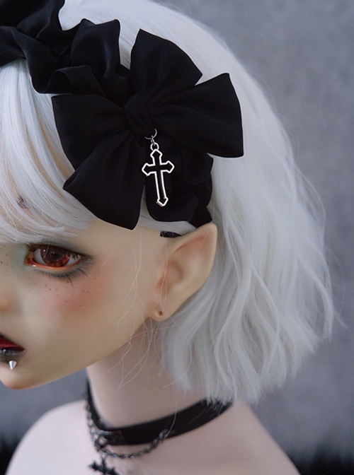 Black Simple Bilateral Satin Bow Hollow Metal Cross Decoration Ruffled Halloween Gothic Lolita Headband