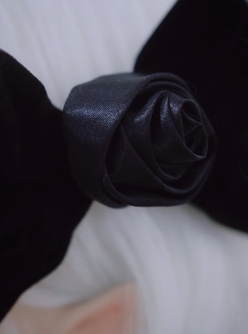 Satin Black Rose Velvet Bow Metal Thorns Cross Rose Symmetrical Design Halloween Gothic Lolita Hair Clip