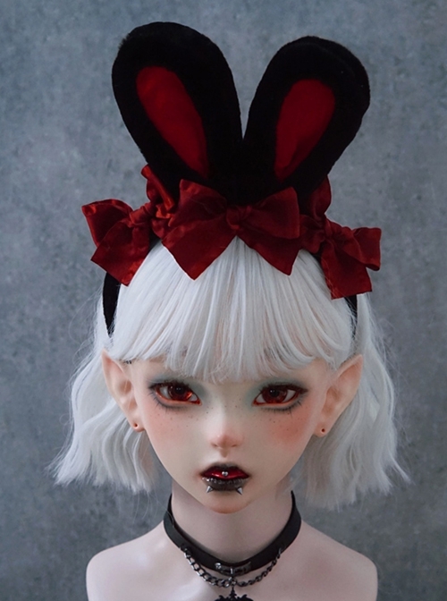 Cute Black-Red Plush Bunny Ears Red Bow Halloween Gothic Lolita Headband