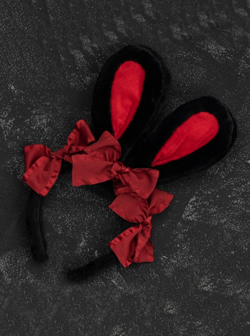 Cute Black-Red Plush Bunny Ears Red Bow Halloween Gothic Lolita Headband