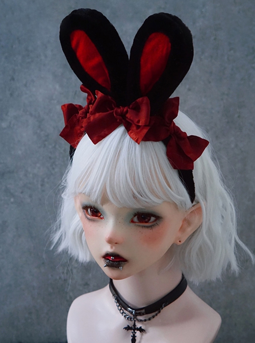 Cute Black-Red Plush Bunny Ears Red Bow Halloween Gothic Lolita Headband