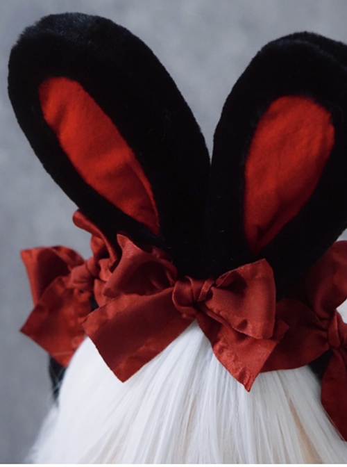 Cute Black-Red Plush Bunny Ears Red Bow Halloween Gothic Lolita Headband