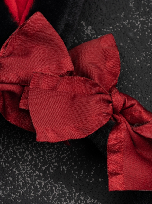 Cute Black-Red Plush Bunny Ears Red Bow Halloween Gothic Lolita Headband