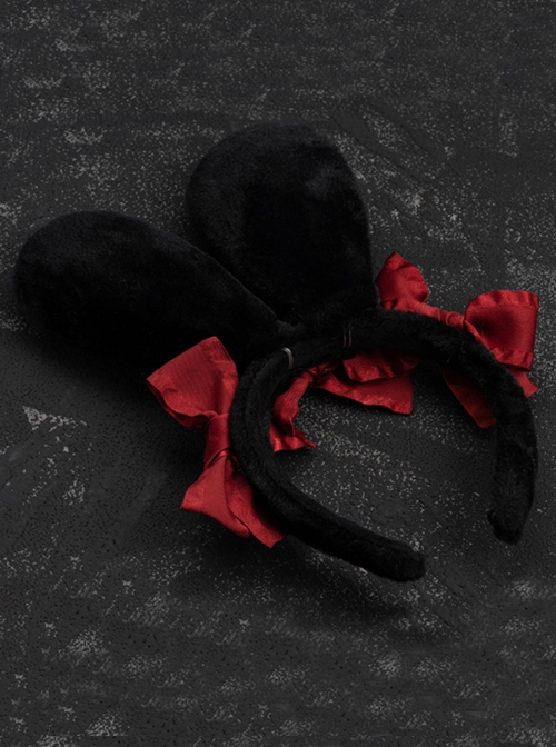 Cute Black-Red Plush Bunny Ears Red Bow Halloween Gothic Lolita Headband