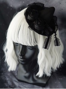 Satin Black Rose Lace Dark Ornate Halloween Gothic Lolita Witch Hat Hair Clip