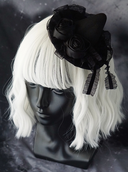 Satin Black Rose Lace Dark Ornate Halloween Gothic Lolita Witch Hat Hair Clip