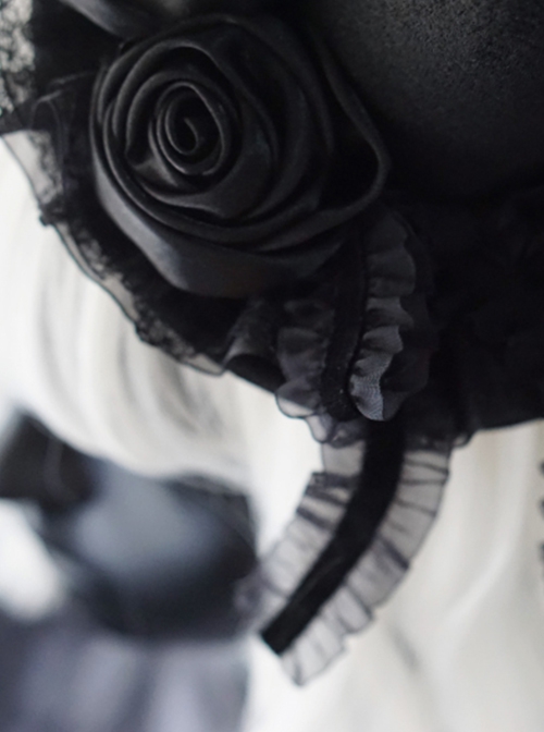 Satin Black Rose Lace Dark Ornate Halloween Gothic Lolita Witch Hat Hair Clip