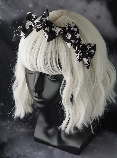 Black-White Asymmetrical Skull Print Bow Simple Halloween Gothic Lolita Headband