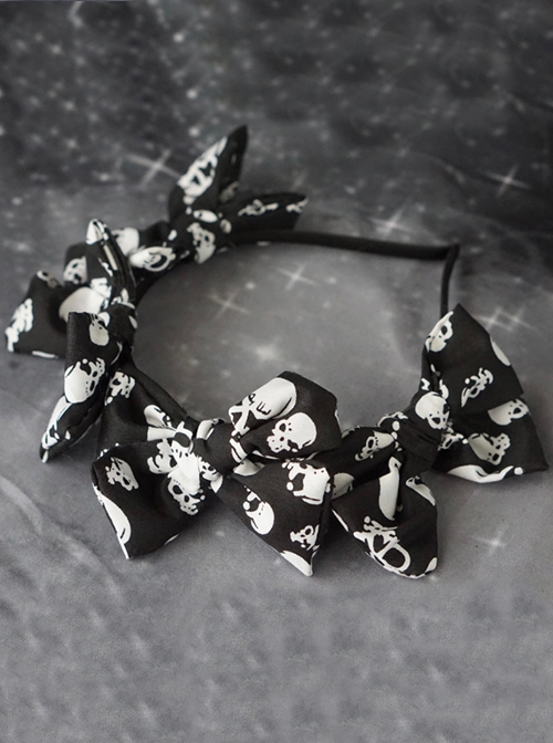 Black-White Asymmetrical Skull Print Bow Simple Halloween Gothic Lolita Headband