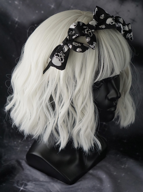 Black-White Asymmetrical Skull Print Bow Simple Halloween Gothic Lolita Headband