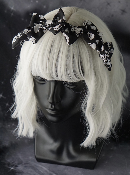 Black-White Asymmetrical Skull Print Bow Simple Halloween Gothic Lolita Headband