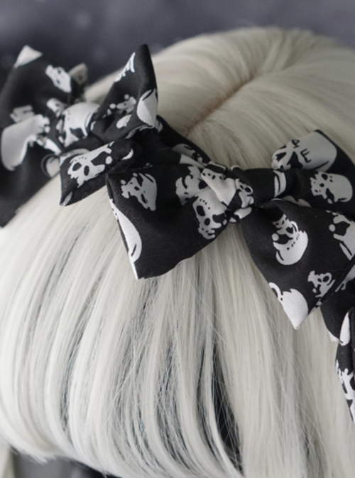 Black-White Asymmetrical Skull Print Bow Simple Halloween Gothic Lolita Headband