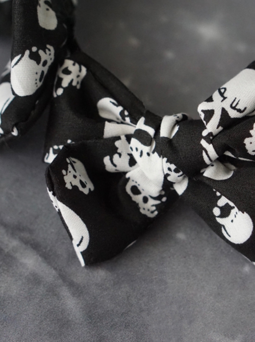 Black-White Asymmetrical Skull Print Bow Simple Halloween Gothic Lolita Headband