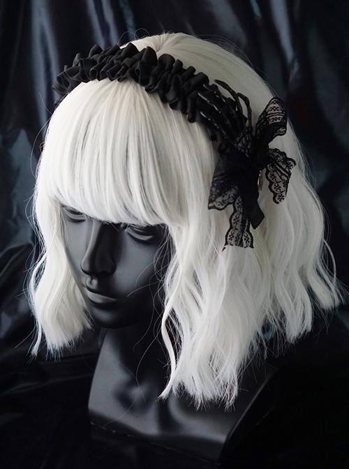 Black Skull Hand Bone Lace Bow Metal Heart Cross Cutout Decoration Halloween Gothic Lolita Headband