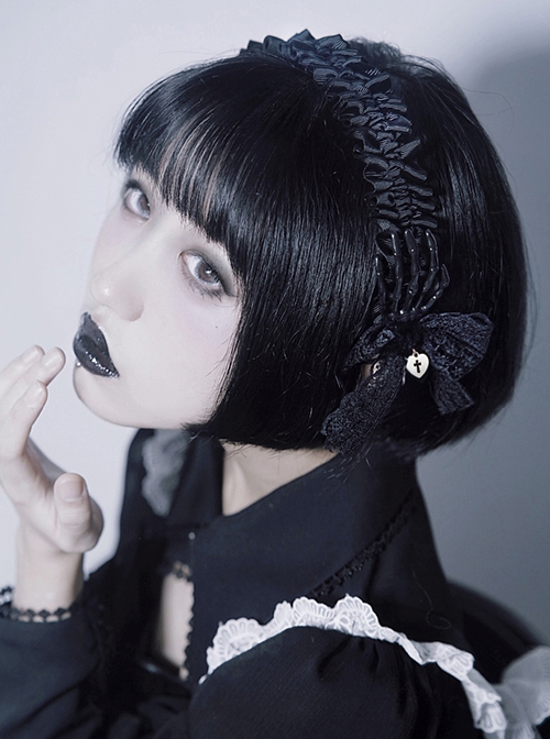 Black Skull Hand Bone Lace Bow Metal Heart Cross Cutout Decoration Halloween Gothic Lolita Headband