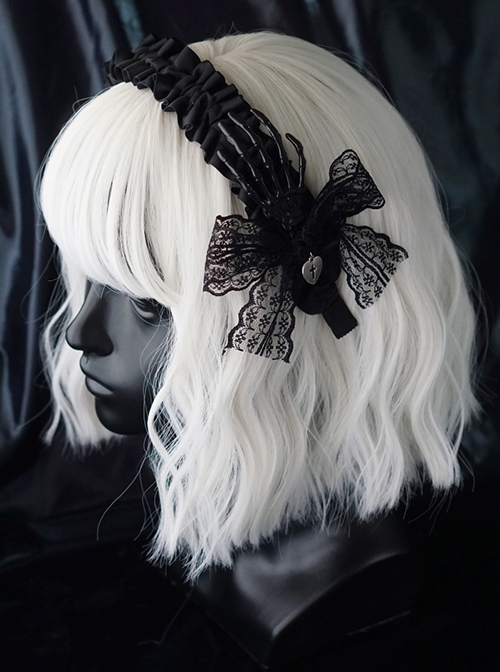 Black Skull Hand Bone Lace Bow Metal Heart Cross Cutout Decoration Halloween Gothic Lolita Headband