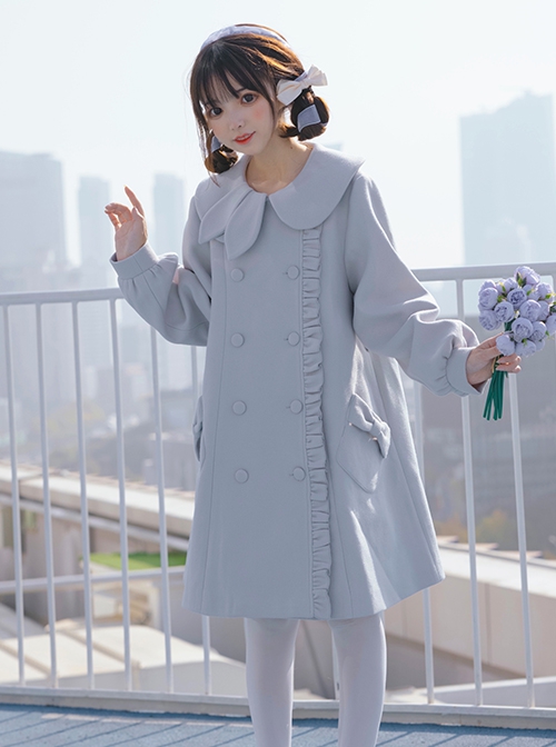 Solid Color Cute Rabbit Ears Asymmetrical Doll Collar Design Lantern Sleeve Autumn Winter Daily Plus Velvet Sweet Lolita Coat