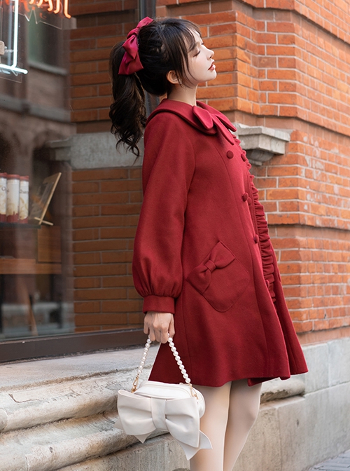 Solid Color Cute Rabbit Ears Asymmetrical Doll Collar Design Lantern Sleeve Autumn Winter Daily Plus Velvet Sweet Lolita Coat